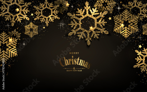 Merry Christmas 2026. A festive card with gorgeous textured golden snowflakes.