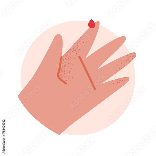 Vector illustration of a human hand with a blood drop for glucose testing. Medical concept of diabetes checkup and health monitoring. Isolated on white background