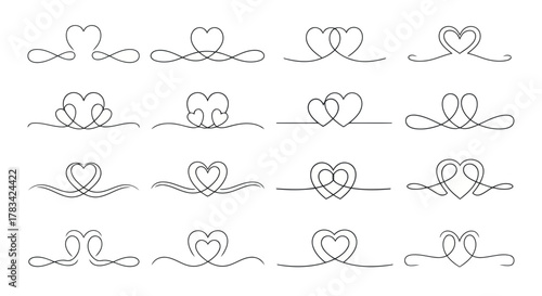 Collection of elegant black heart line art dividers and ornaments for romantic design elements