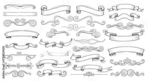 Collection of hand drawn vintage banners and decorative scroll elements for design and embellishment