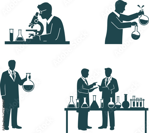 Flat silhouettes of researchers and lab technicians conducting experiments using microscopes, test tubes, and beakers. Solid color flat design Ideal for medical education, pharma branding.