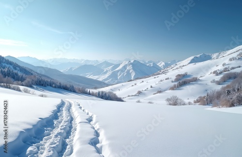Wallpaper Mural Snowy mountain landscape under clear blue sky. Footprints in deep snow cover hills. Winter season scenic view of white mountain range with trees on hillsides. Torontodigital.ca