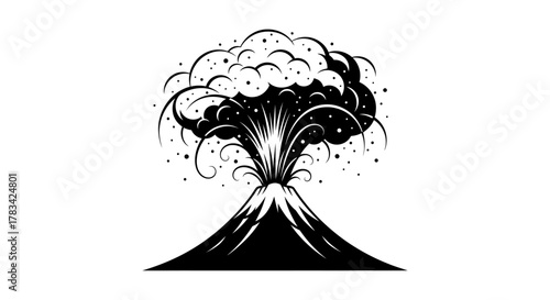 Stylized black and white vector illustration of a powerful volcano eruption, spewing dense smoke and ash into the sky, symbolizing natural disaster and raw force.