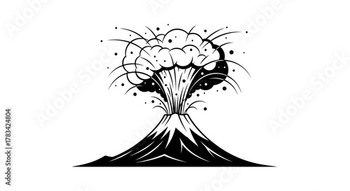 Erupting volcano black and white graphic illustration, showing a powerful natural disaster with ash and smoke bursting from the peak, isolated vector art.