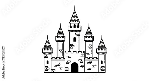 Line art depiction of a classic medieval fantasy castle with multiple towering spires, fortified walls, and an archway. a historical royal icon.