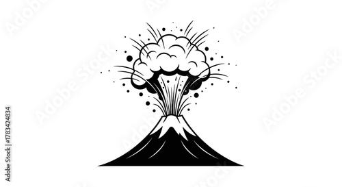 Stylized black and white volcano eruption icon with smoke, ash, and debris on a clean white background, representing natural disaster or power.