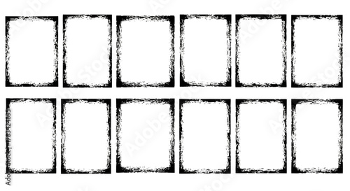 Collection of twelve distressed black and white rectangular borders with a grunge texture effect on a white background