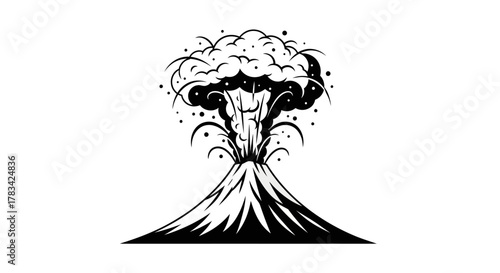 Volcano eruption graphic illustration depicting a powerful natural disaster with smoke, ash, and debris spewing from the crater, isolated icon