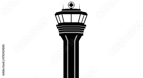 Air traffic control tower silhouette icon illustration in black and white, representing airport operations, aviation management, and flight navigation guidance service.