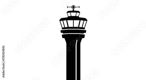 Airport air traffic control tower silhouette vector icon design for aviation navigation and flight management symbol on isolated white background for logistical operations