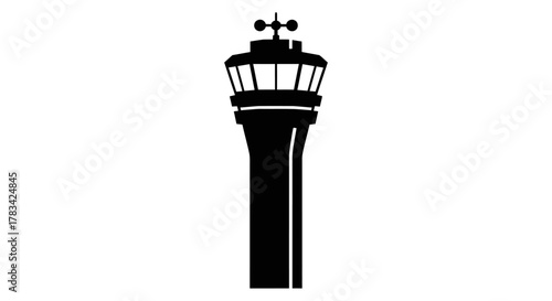 Air traffic control tower silhouette icon with weather vane, representing airport communication, aviation guidance, and flight safety services vector graphics.