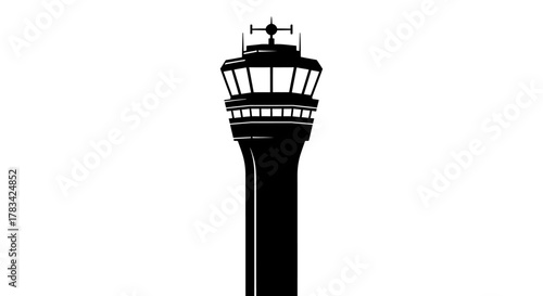 Air traffic control tower silhouette vector icon. airport navigation, flight communication, and aviation infrastructure guidance system graphic isolated.
