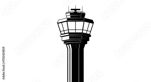 Air traffic control tower silhouette icon isolated on white, symbolizing critical airport infrastructure for air traffic and flight control.