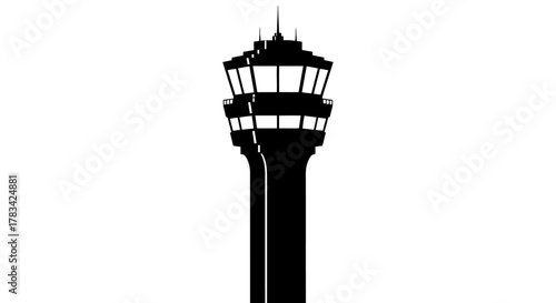 Air traffic control tower silhouette icon symbol for aviation, flight management, air travel, communication, and aircraft navigation control system.