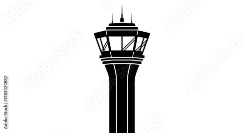 Air traffic control tower silhouette icon for aviation guidance and flight management, symbolizing airport operations, communication, and air navigation safety