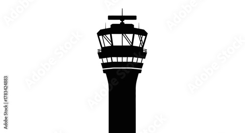 Air traffic control tower silhouette graphic symbol for aviation management, flight safety, airport operations, global transportation, and travel industry.