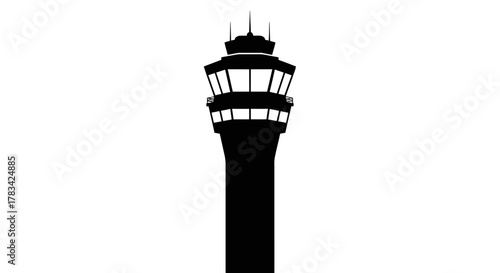 Air traffic control tower silhouette, minimal graphic illustration of an airport building, symbol of aviation navigation and flight guidance icon vector artwork