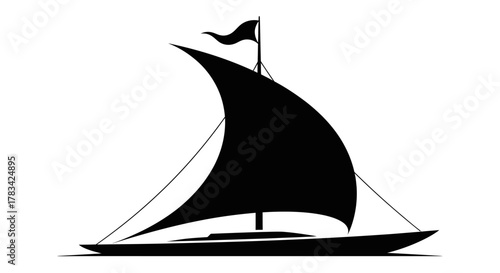 Stylized black silhouette of a traditional sailing boat or dhow with a prominent sail and flag, symbolizing maritime adventure, travel, and discovery.