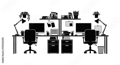 Minimalist black and white silhouette of twin modern office workstations with computers, chairs, and essentials, portraying an organized efficient professional workspace.
