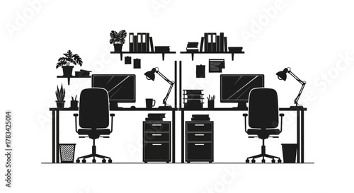 Modern office workstations silhouette. two organized desks, ergonomic chairs, computers, lamps, shelves, books, plants depict a productive business setting.