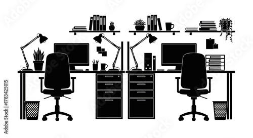 Contemporary office workstations with computers, ergonomic chairs, and filing cabinets, ready for remote work or a shared professional environment.