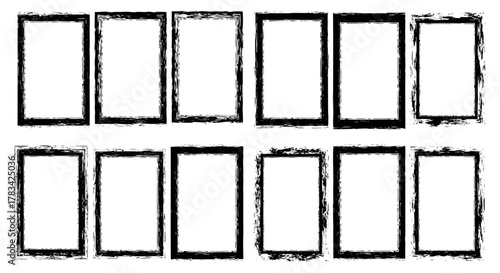 Collection of twelve distressed black rectangular frames with a grunge texture on a white background