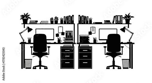 Organized office workstations silhouette featuring two desks, chairs, computers, lamps, shelves, books, plants, and filing cabinets for a productive workspace environment.