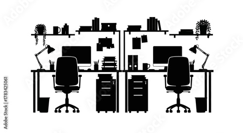 Office workstations silhouette. dual desks, chairs, computers, lamps, shelves, books, plants, and essential office supplies. vector art.