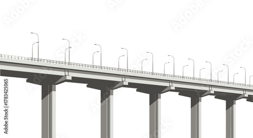 Modern concrete highway bridge with numerous streetlights, supported by sturdy pillars, extending into the distance on a pristine white background