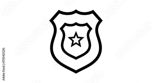 Black outline icon of a police or security badge shield with a star, representing law enforcement, justice, protection, and official authority.