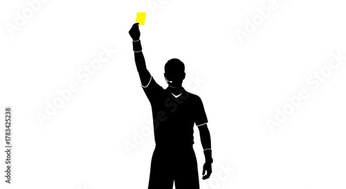 Referee silhouette raises yellow card, signaling a foul or warning in a sports game, representing rules, penalties, and fair play enforcement.