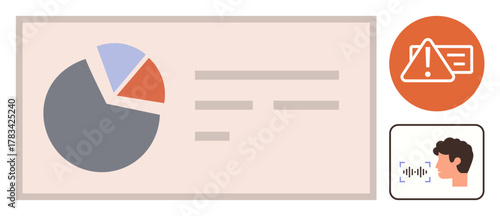 Pie chart with data labels, warning alert icon, and voice recognition clipart. Ideal for data analysis, technology, safety, communication, research AI tools and user interfaces. Simple flat
