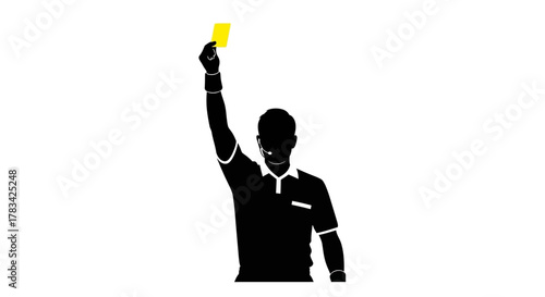 Referee silhouette raising a yellow card, indicating a foul or warning in a football match, symbolizing penalty, rule enforcement, and fair play in sports.