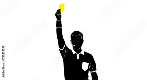 Referee silhouette showing yellow card. football soccer penalty symbol, caution, rule enforcement. sports competition official warning. vector illustration isolated.
