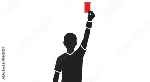 Silhouette of a sports referee holding a red card high in the air, indicating a serious foul, expulsion from the game, or a strong penalty decision.
