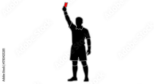 Referee silhouette raising red card, signaling serious foul or player expulsion in a sports match, universal symbol of penalty, disqualification, warning.