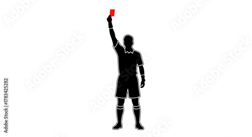Referee silhouette holding a red card high in the air, signaling a serious foul or player expulsion during a sports match, isolated on white background vector art.