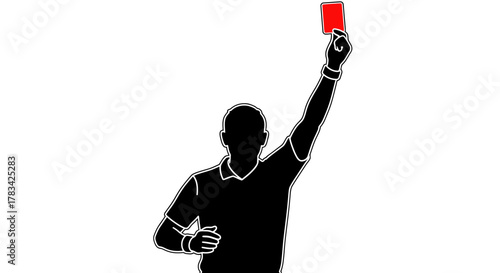 Referee's silhouette raising a red card, symbolizing a penalty, foul, or expulsion in sports games, isolated vector graphic representing a crucial decision or warning.