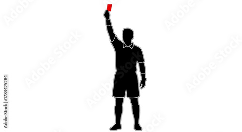 Referee silhouette showing red card in sports, indicating foul, expulsion, warning, or penalty. authority and rule enforcement concept illustration.