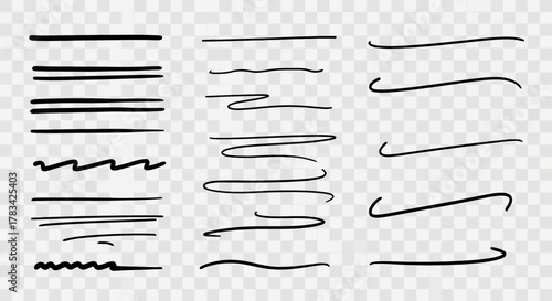 Collection of hand drawn black underlines and swooshes on a transparent background for emphasis and design elements