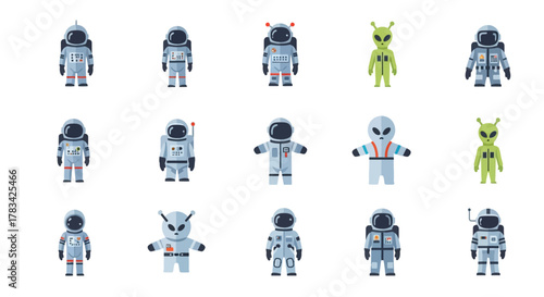 Collection of Astronaut and Alien Characters on White Background.