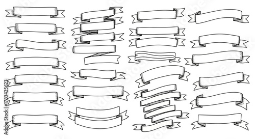 Collection of hand drawn doodle style banners and ribbons with different shapes and styles for design elements