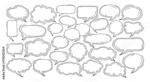 Collection of hand drawn doodle speech bubbles and thought clouds in various shapes and sizes on a white background