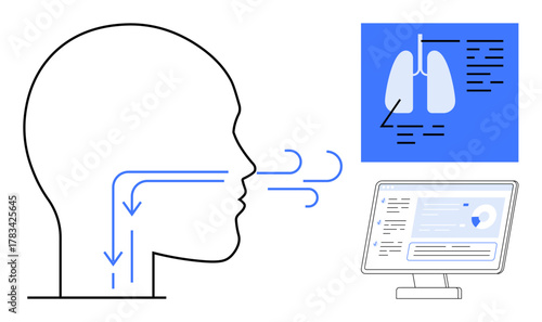 Cross-section of human head showing airflow path, lung diagram with annotations, digital health monitoring on screen. Ideal for medicine, healthcare, diagnostics, physiology, breathing, lungs