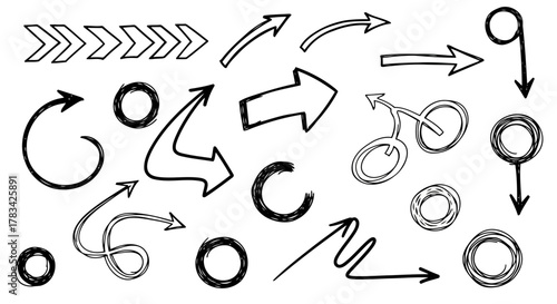 Collection of hand drawn black arrows and circular shapes on a white background representing direction and movement