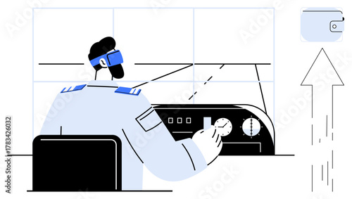 Pilot using controls and dials in a cockpit with a navigation screen. Wallet and upward arrow illustrate progress, growth, and financial navigation. Ideal for leadership, success, strategy, aviation