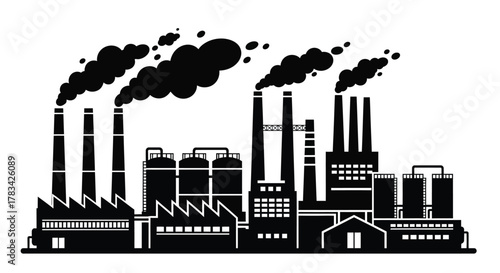 Industrial factory complex silhouette with multiple smoking chimneys, symbolizing pollution, manufacturing, and global energy production. vector illustration on white.