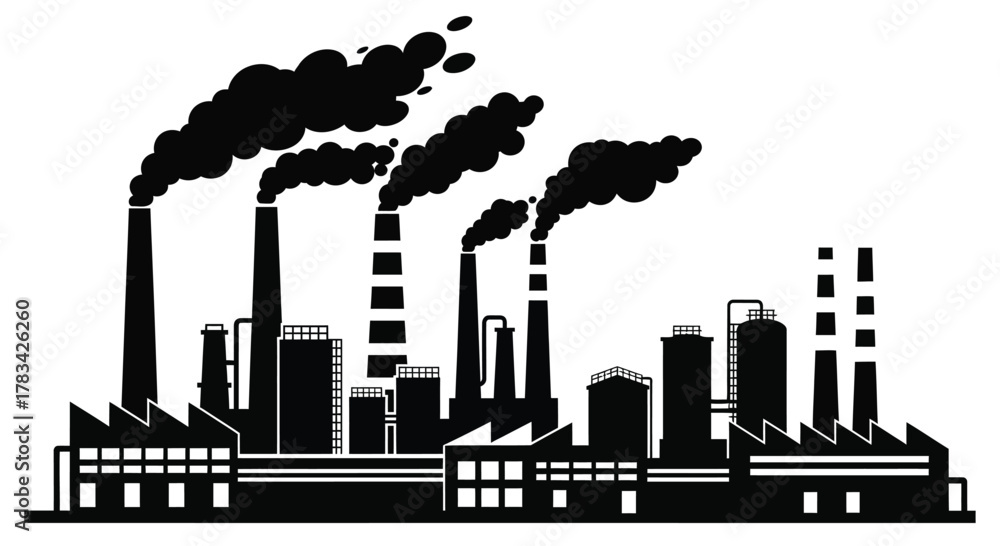 Fototapeta premium Industrial factory silhouette with multiple smoking chimneys representing environmental pollution, manufacturing, and energy production impact