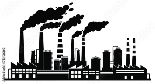 Industrial factory silhouette with multiple smoking chimneys representing environmental pollution, manufacturing, and energy production impact