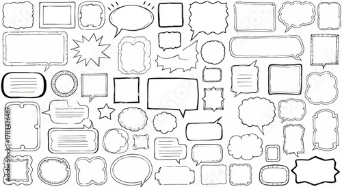 Collection of hand drawn doodle speech bubbles and frames in various shapes and styles on a white background